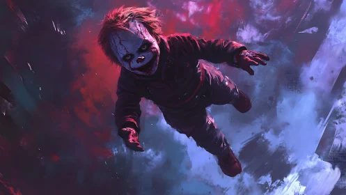 Horror clown doll floating in dark red and blue void.