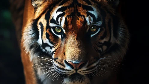High-contrast frontal tiger portrait with cinematic rim lighting