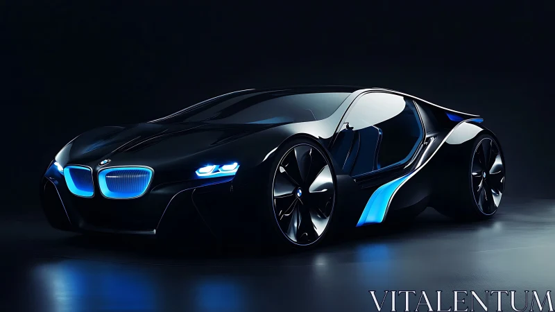 Sleek BMW concept coupe with neon blue luminous accents.
