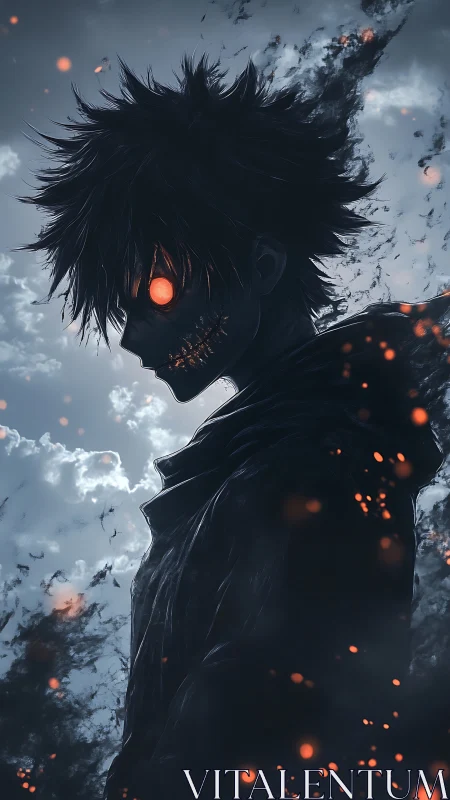 Dark anime figure with glowing eyes in smoky embers.