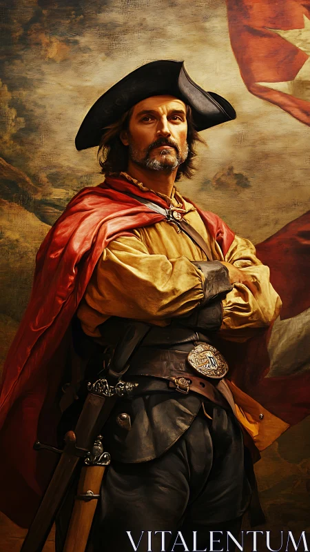 Defiant cavalier captain in crimson cloak and weathered hat.