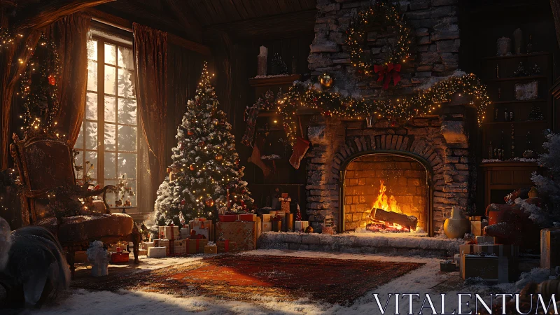 Cozy Christmas hearth with lit tree, gifts, and snowfall.