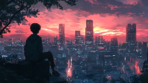 Solitary figure observing illuminated city at sunset.