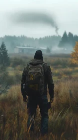 Lone wanderer studies distant smoke in misty autumn field.