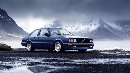 Classic blue Volvo coupe rests proudly by icy mountain lake
