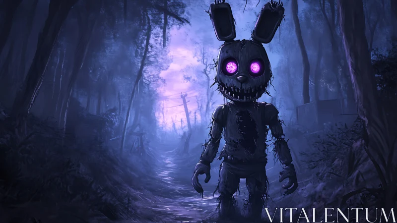 Glowing eyed nightmare bunny prowls a fog drowned forest.