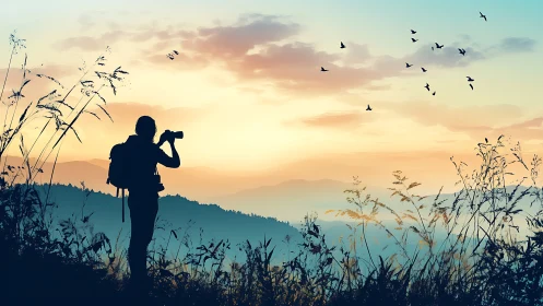 Silhouette landscape photographer capturing birds at sunrise.