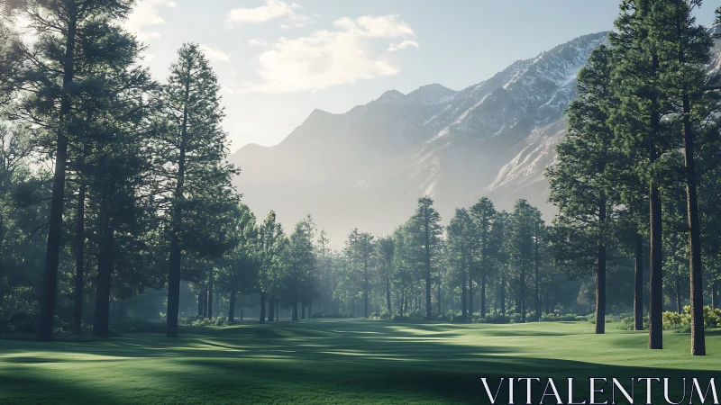 Sunlit pine meadow beneath distant snowcapped mountains.