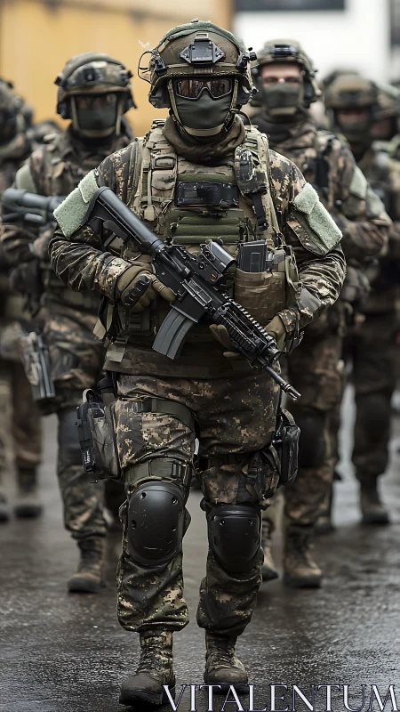 Armored strike unit marches forward in rain slicked streets.