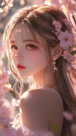 Gentle spring girl glows softly among pink cherry blossoms