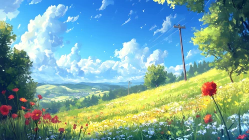 Sunlit wildflower hills hum under bright electric blue sky.