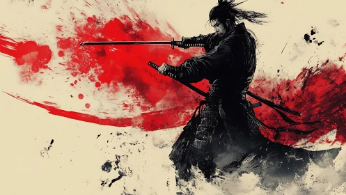 Samurai warrior holds steady amid wild red ink storms