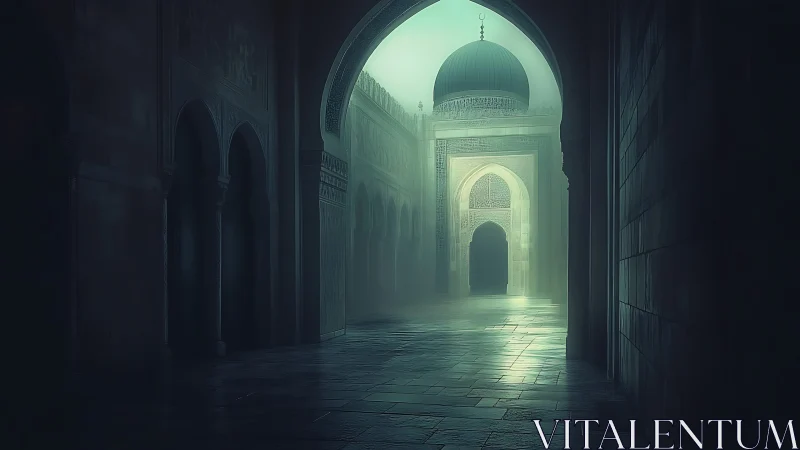 Misty mosque corridor glowing with soft emerald light.
