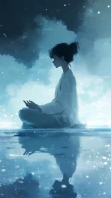 Calm figure meditating on water under soft blue sky.