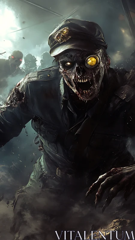 Grim undead captain strides through swirling battlefield mist.