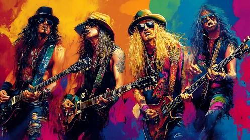 Rock guitar quartet shred under neon paint storm.