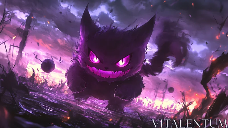 Spectral feline entity charging through toxic violet storm.