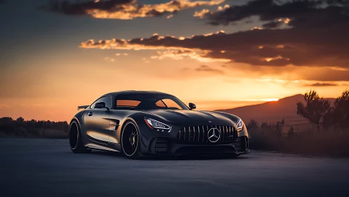 Low-slung luxury coupe under blazing sunset sky roadscape.