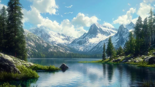 Snowcapped peaks reflect over tranquil alpine lake panorama.