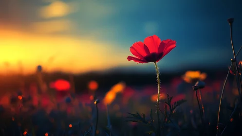 Red Poppy at Golden Sunset Over Field.
