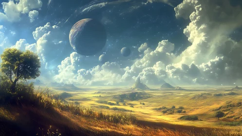 Planetary sky above expansive grassy plain landscape scene.