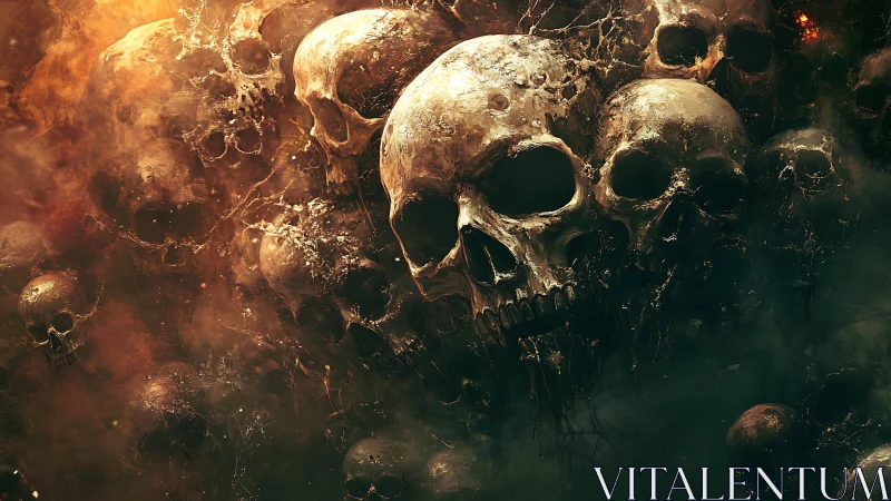 Clustered human skulls in dense atmospheric digital art.