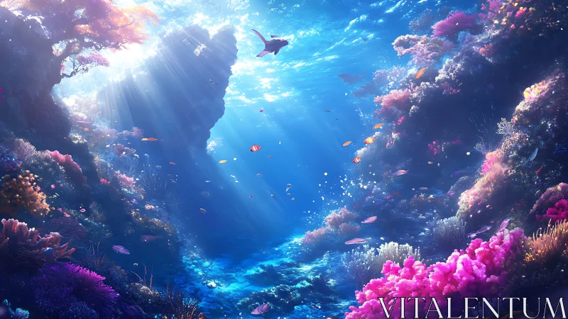 Volumetric sunbeams illuminate dense coral reef and swimming turtle