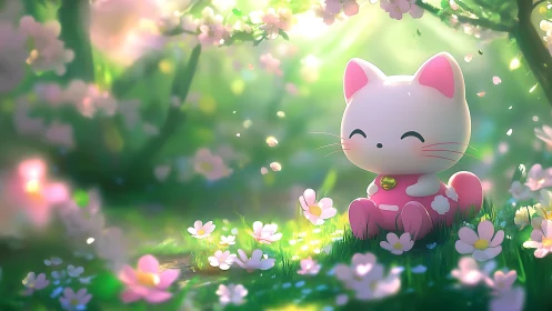 Sunny garden kitten relaxing among soft spring blossoms.