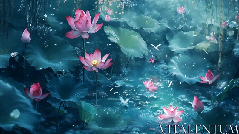 Lotus pond rendered with atmospheric depth and luminous caustics
