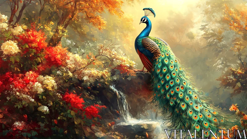 Peacock on rocky ledge overlooks luminous autumn waterfall garden