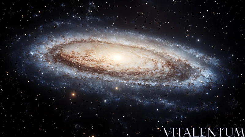 Spiral galaxy glows with dense star fields and bright core.