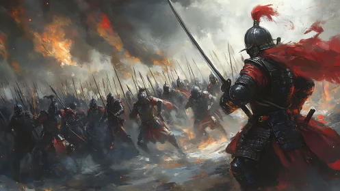 Armored commander charges into burning battlefield with drawn blade