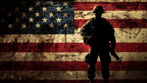Soldier silhouette stands before distressed US flag backdrop
