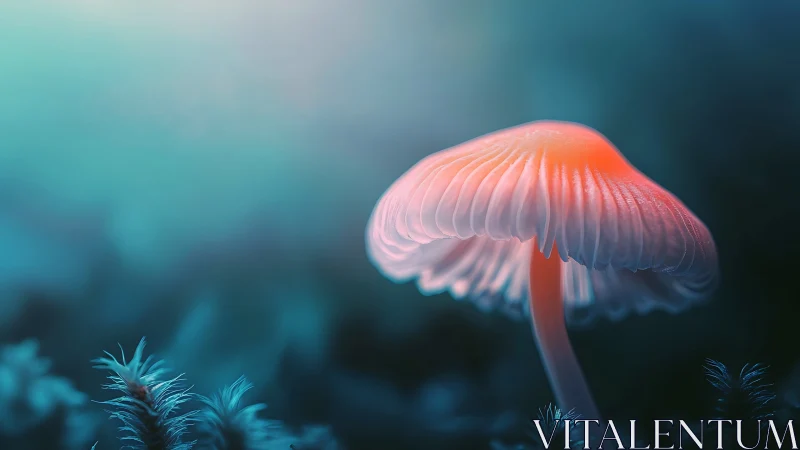 Luminous coral mushroom glowing in a misty teal forest dusk.