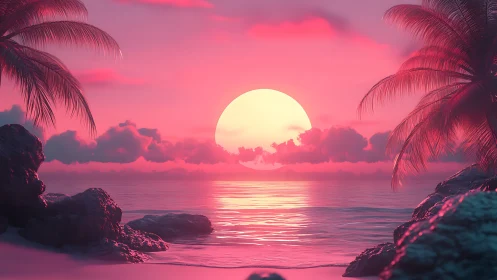 Neon lagoon sunset bathing palm silhouettes in cotton skies.