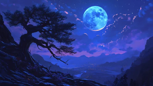 Moonlit valley landscape under luminous indigo sky.