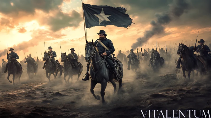 Cavalry commander advances under star banner through smoky battlefield