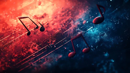 Music notes float on textured red and blue abstract surface