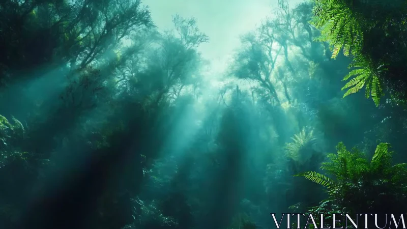 Misty Forest Canopy with Celestial Light.