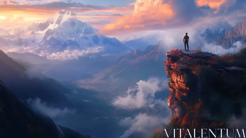 Lone figure observes vast misty mountains at sunrise.