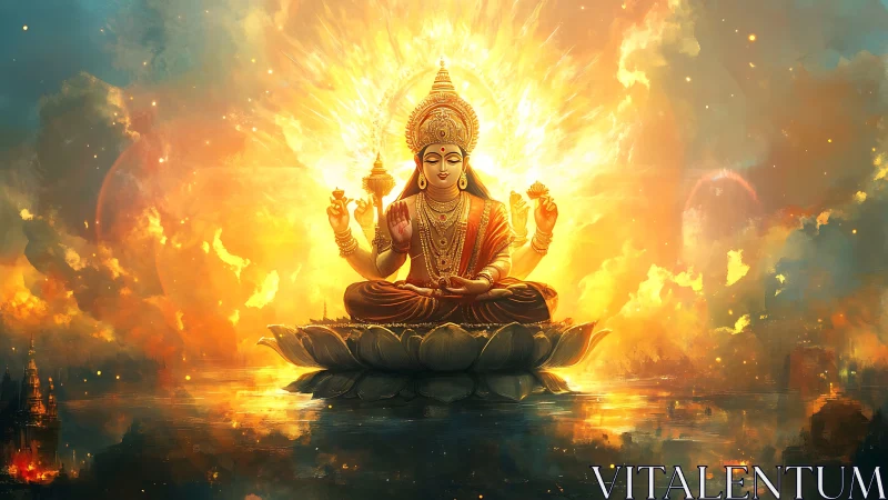 Radiant lotus deity in celestial golden aura composition.