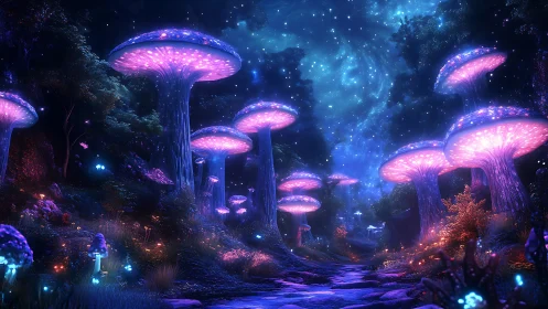 Glowing giant mushrooms in a luminous alien forest night