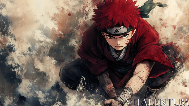 Red-haired ninja warrior in dynamic crouched battle pose.