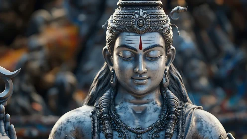 Serene silver statue of Shiva with detailed ornaments.