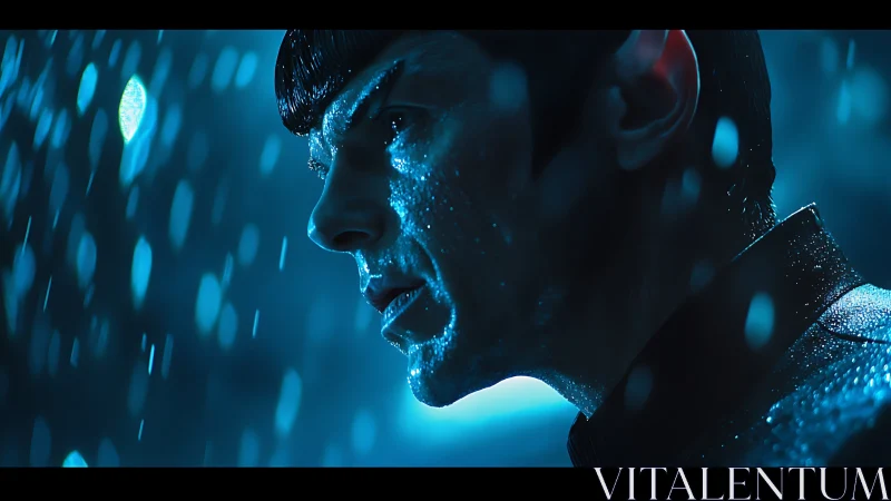 Rain-soaked sci fi officer stands in cool blue light