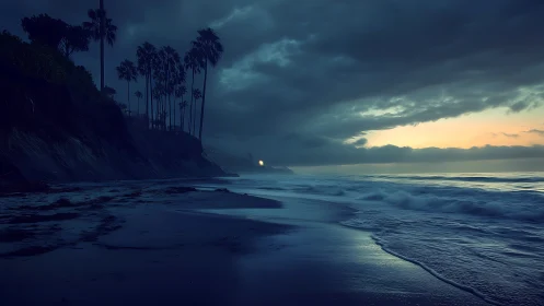 Moody twilight shoreline captures waves under stormy clouds