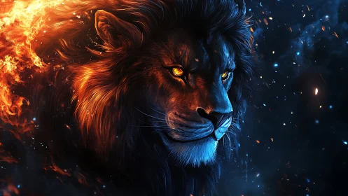 Fire ice lion portrait with blazing elemental contrast.