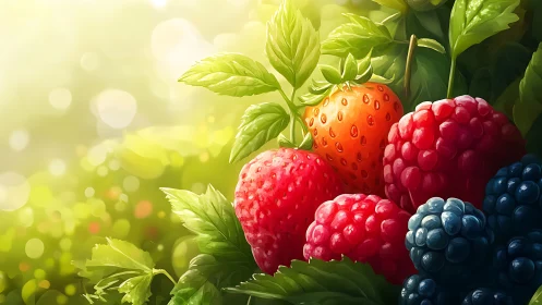 Sunlit garden berries glow with fresh, dewy ripeness