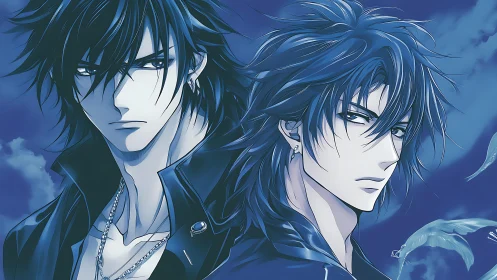 Brooding anime twins in moonlit blue leather jackets.