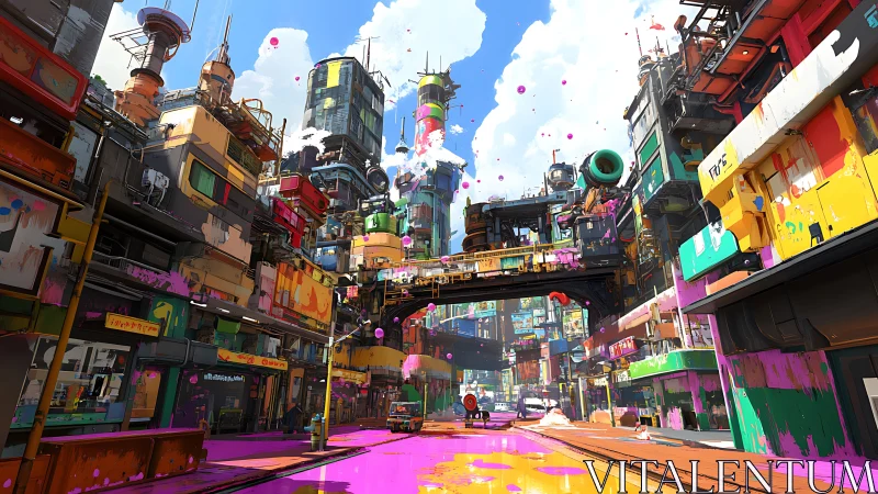 Neon-splattered vertical cityscape under elevated transit span.